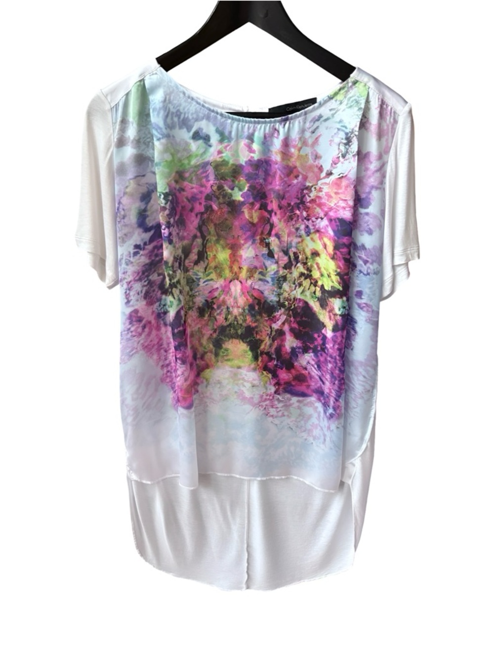 Calvin Klein Abstract Watercolor Blue Multi High-Low Blouse S - Picture 4 of 12